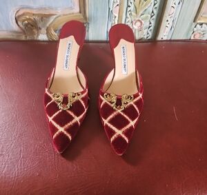 Manolo Blahnik Red and Gold Velvet Mules